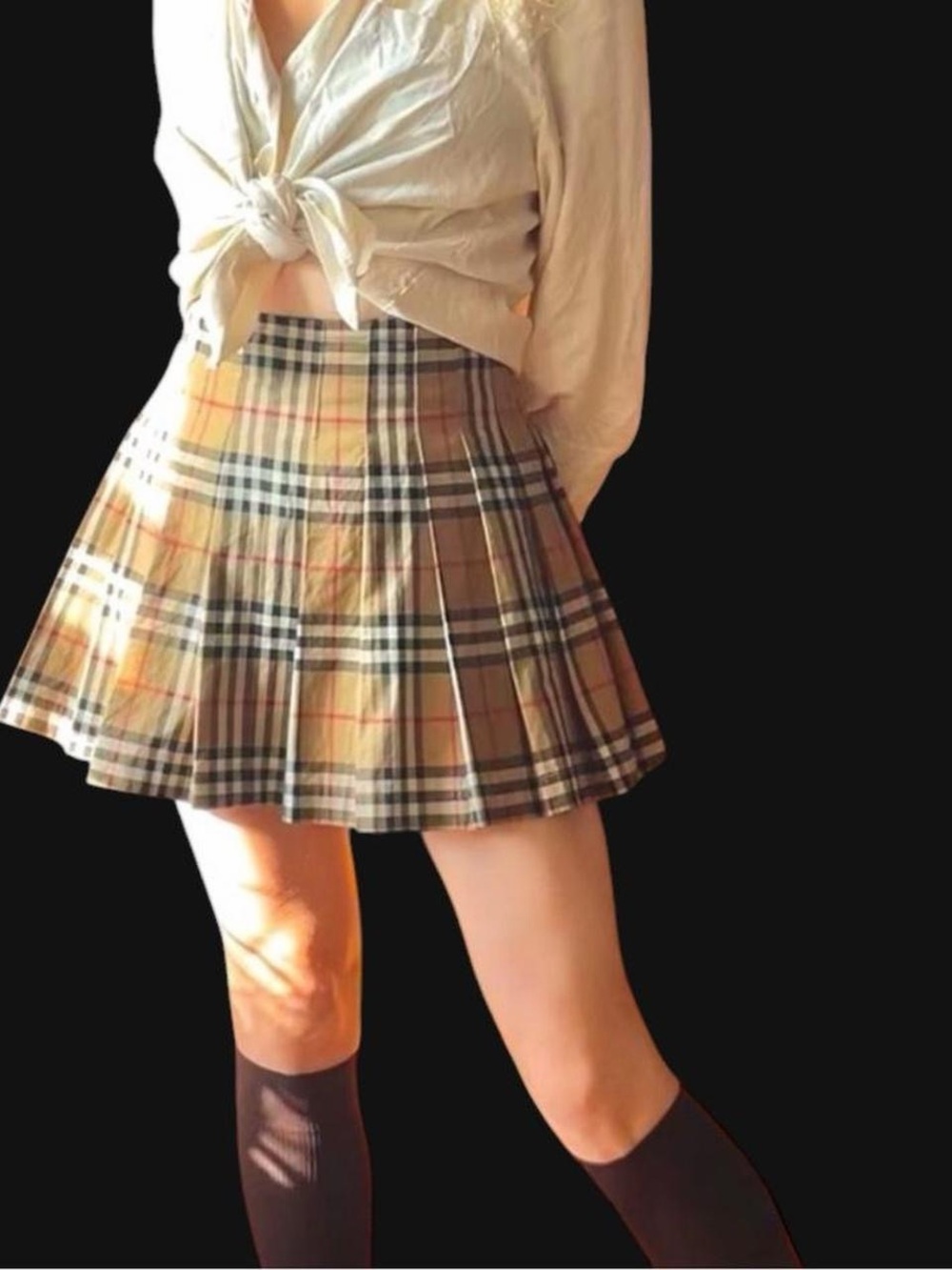 Burberry Beige Plaid Pleated Skater Skirt